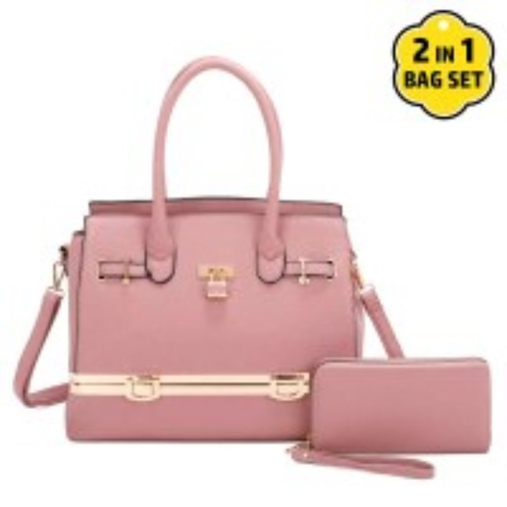 NEW Fashion Tote with Matching Wristlet- 2 Pc Set - Bottom Compartment - Pink